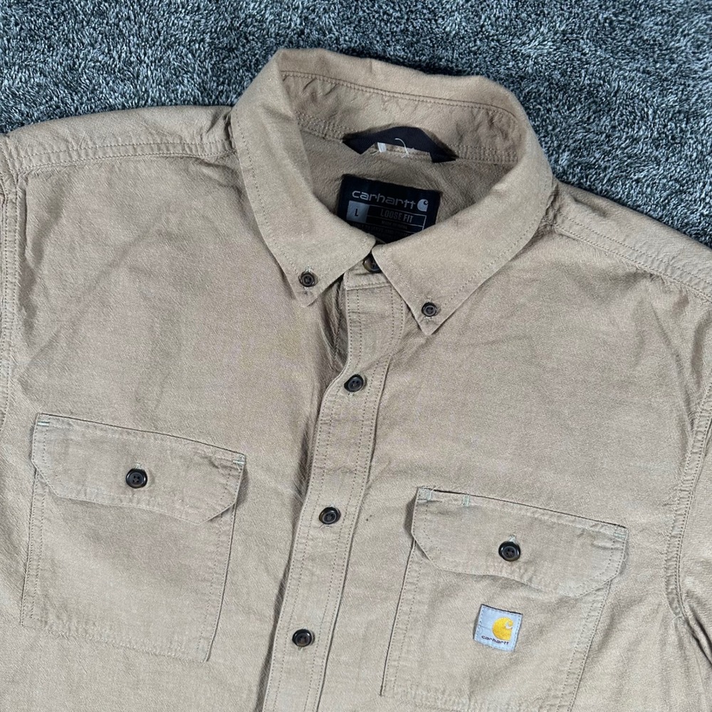 Carhartt Shirt Mens L Tan Loose Fit Button Down Short Sleeve Workwear Chambray